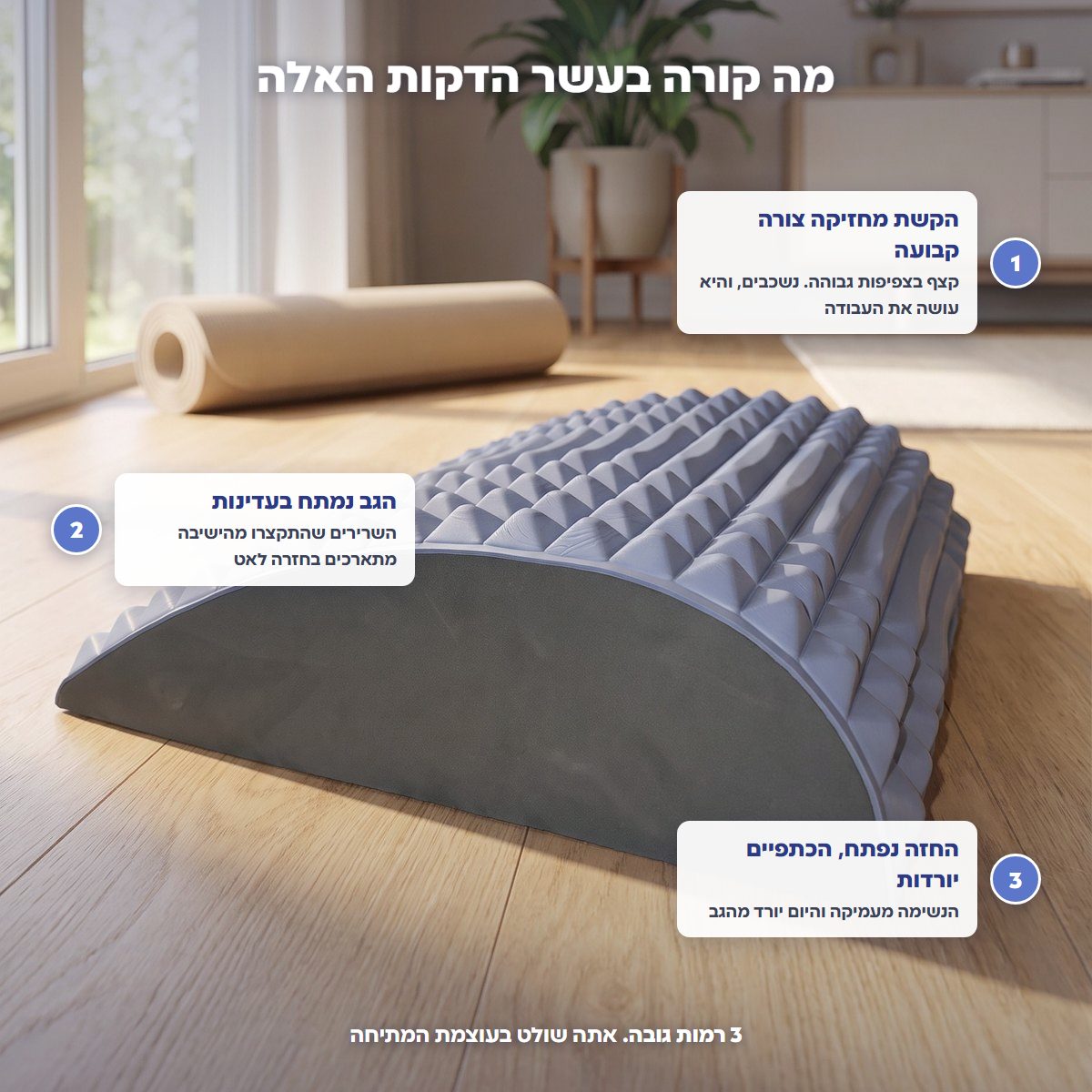 מה קורה בעשר הדקות: הקשת מחזיקה צורה קבועה, הגב נמתח בעדינות, החזה נפתח והכתפיים יורדות. שלוש רמות גובה לשליטה בעוצמת המתיחה